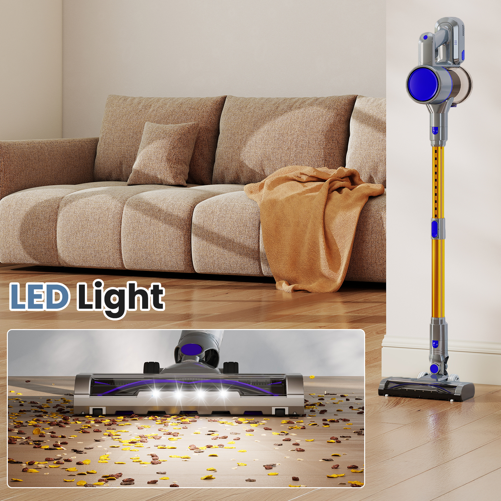 MCQ 3-in-1 Cordless Stick Vacuum Cleaner, Lightweight with LED Headlight for Carpet, Floor & Pet Hair, Purple-Yellow