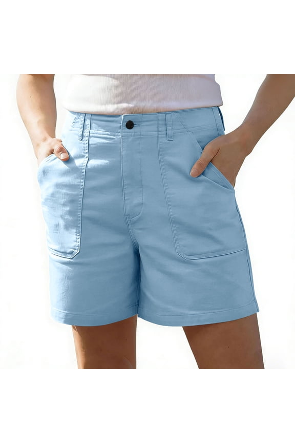 Womens High Waist Straight Leg Casual Shorts, Front Patch Pockets with Button Fly, Classic Cut for Everyday Daily Wear Blue L
