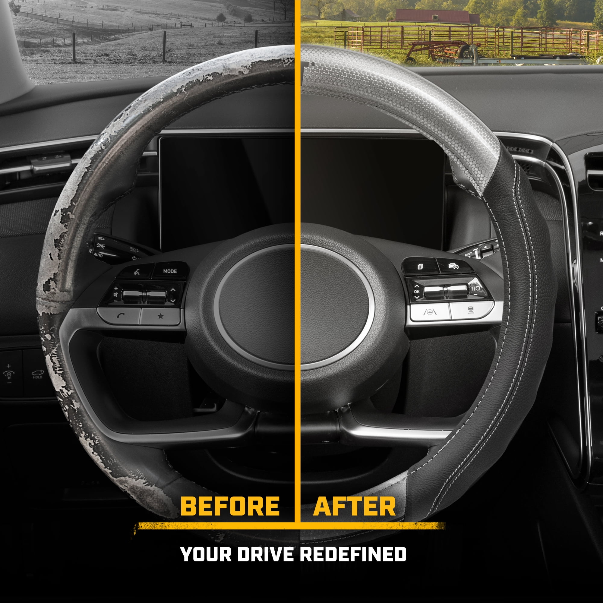 Caterpillar Two Tone Carbon Fiber Grip Steering Wheel Cover Strong, Durable and Comfortable Universal Size 14.5-15.5 Inch (Gray/Black)