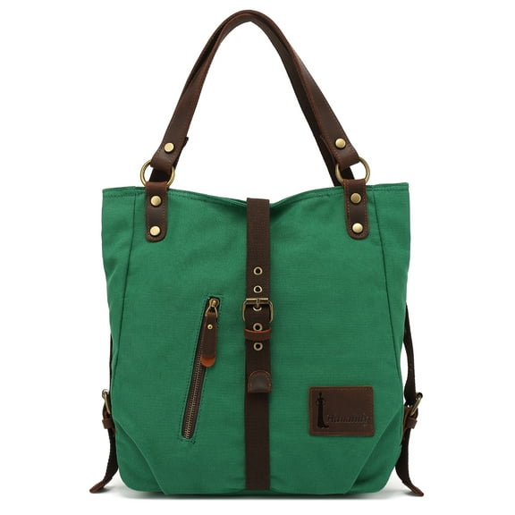 Hanalilly Handbag Shoulder Bag, Green Convertible Backpack Purse Tote Canvas Genuine Leather