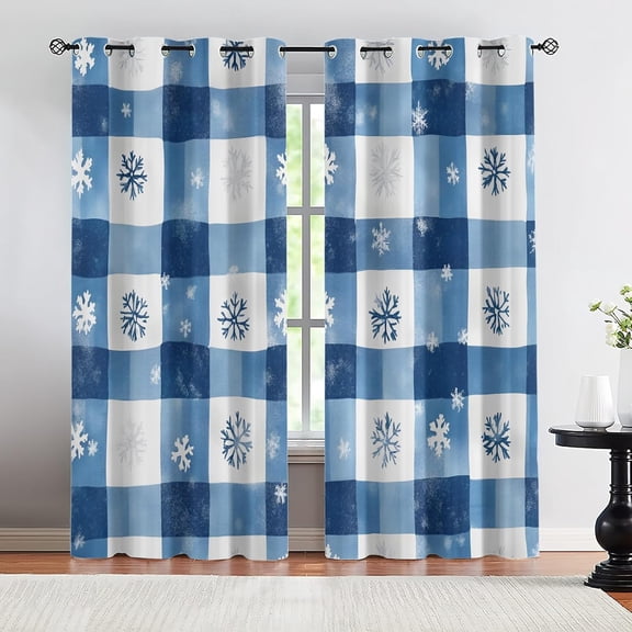 Snowflake Blackout Curtains, Blue Grid Pattern Window Curtains, Thermal Insulated Drapes for Bedroom Living Room Kitchen Decor 26"W x 45"L (2 Pack)