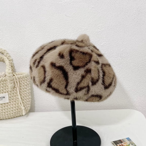 Leopard Print Faux Mink Fur Beret Hat Women Winter Warm Face Slimming Cap