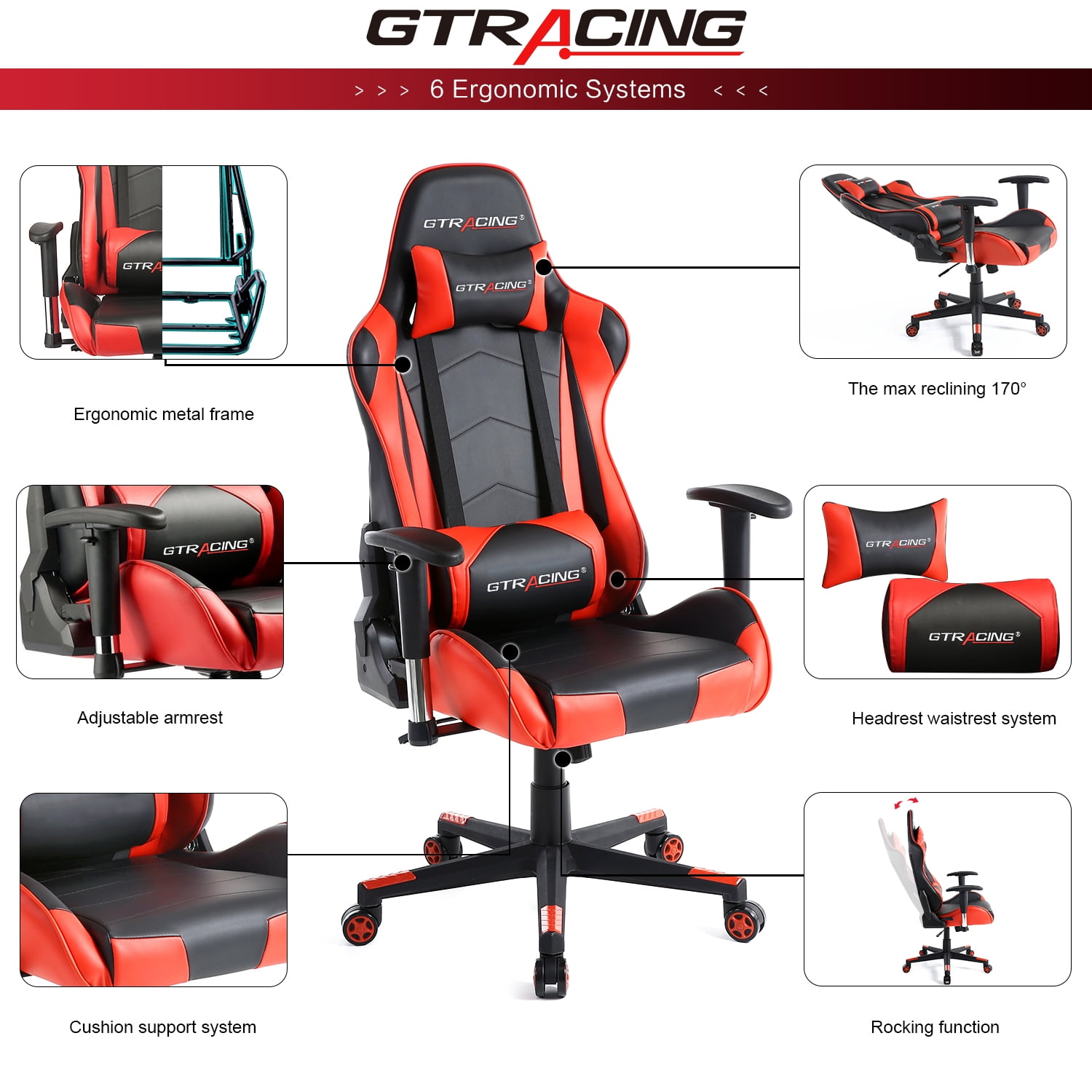 Red GTPLAYER Gaming Chair Office Desk Computer Racing PC Video Chair High Back Armrest Ergonomic Design with Adjustable Height and Lumbar Support 2-years Limited Warranty 