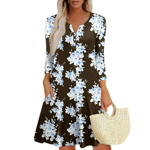 WTOBBY Women's Fashionable V-Neck Button Front 3/4 Sleeve Floral Dress, Functional Sundress with Cuff Detail and Pockets for Practicality,Black L