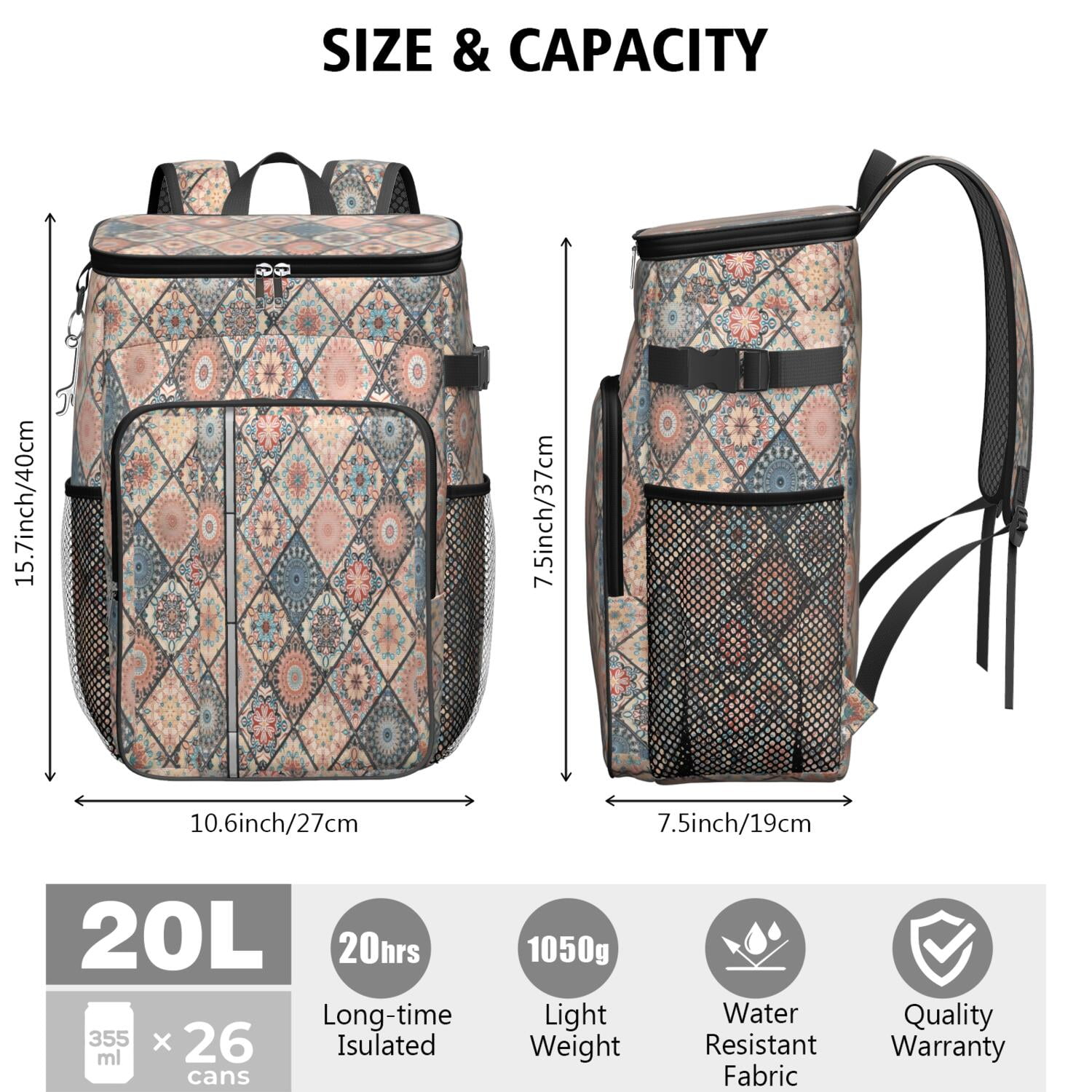Travel Cooler Bag - Boho Bohemia Flower Camping Beer Cooler Backpack with Bottle Opener- Waterproof Insulated Picnic Backpacks - Cooler Bag for Beach