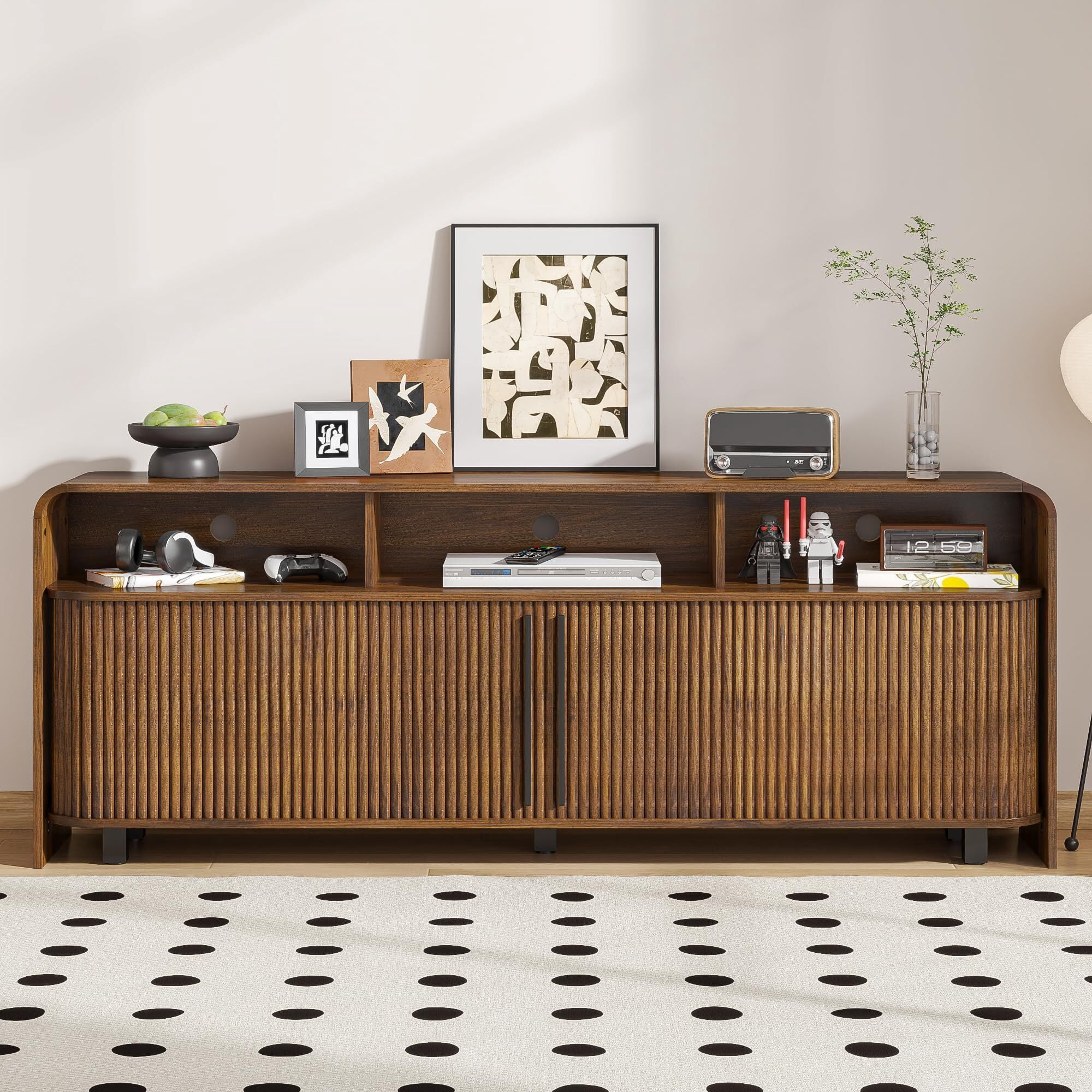 Fluted TV Stand for 65-80" TV, 70" Mid Century Modern Console, Large Walnut Entertainment Center with Storage, Sliding Doors