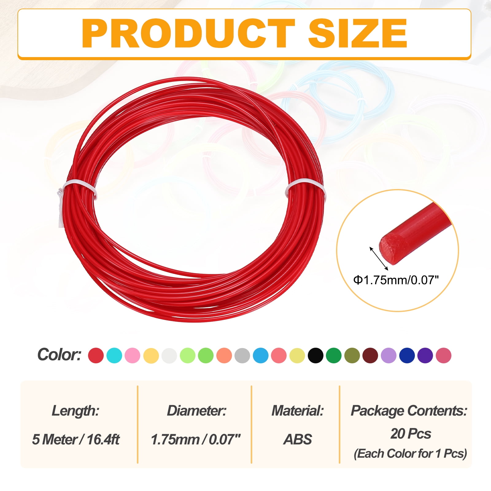 Uxcell 20 Colors ABS 3D Pen Printer Filament Refills, Each Color 16.4 Feet Total 328 Feet 1.75mm Printing Filament for Most 3D Printing Pens