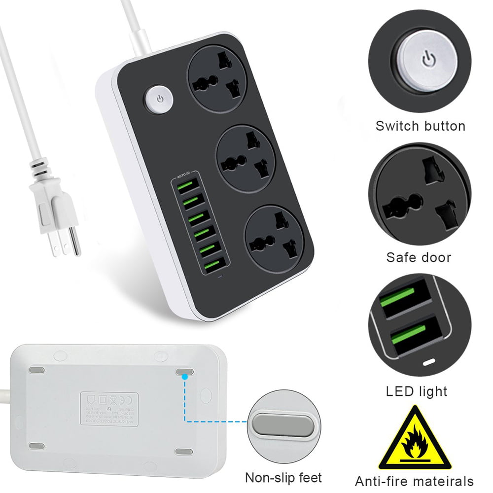 Power Strips with USB ports 3 Way Outlets 6 USB Ports Surge Protection Power Strip Universal Power Socket with 2 Meter Bold Extension cord With Fuse and Shutter Extension Lead Black+Gary