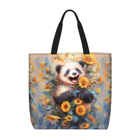 Hirioo Elegant Cute Panda Sunflower for Tote Bag for Women, Quilted Shoulder Bag with Zipper, Large Capacity Handbags for Casual, Travel, Work