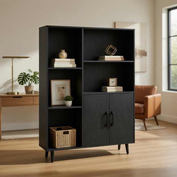 Resenkos Floor Bookcase with 5 Open Compartments and Storage Organizer, 47 Inch Freestanding Display Shelf for Home, Office, Black