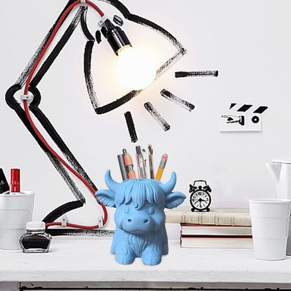 Adorable Highland Cow Pen Holder, Multi-Functional Desktop Decorative Pen Organizer, Desk Top Animal Decoration Home Office Storage Supplies, for Pens, Pencils, Stationery Storage