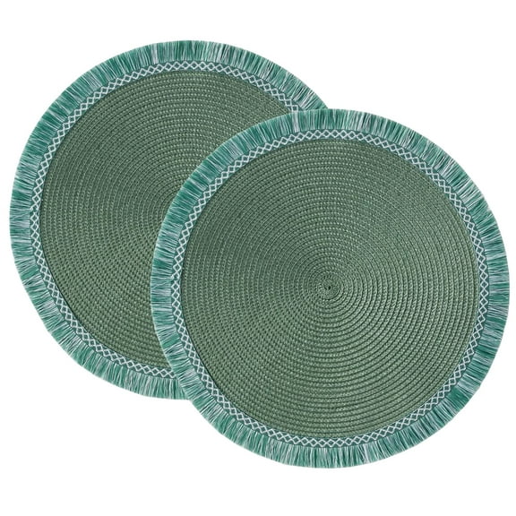 Fennco Styles Woven Textured Placemats with Fringe 15 Inches Round, Set of 2 – Green Braided Table Mats for Home, Dining Room Décor, Banquets, Indoor & Outdoor, Everyday Use and Special Events