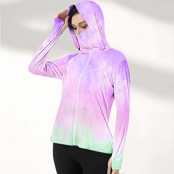 qelini Sun Protection Lightweight Jacket for Women with Zipper Long Sleeve Shirt with Thumb Hole Quick Dry Gradient Color Clothing for Outdoor Hiking Clothing