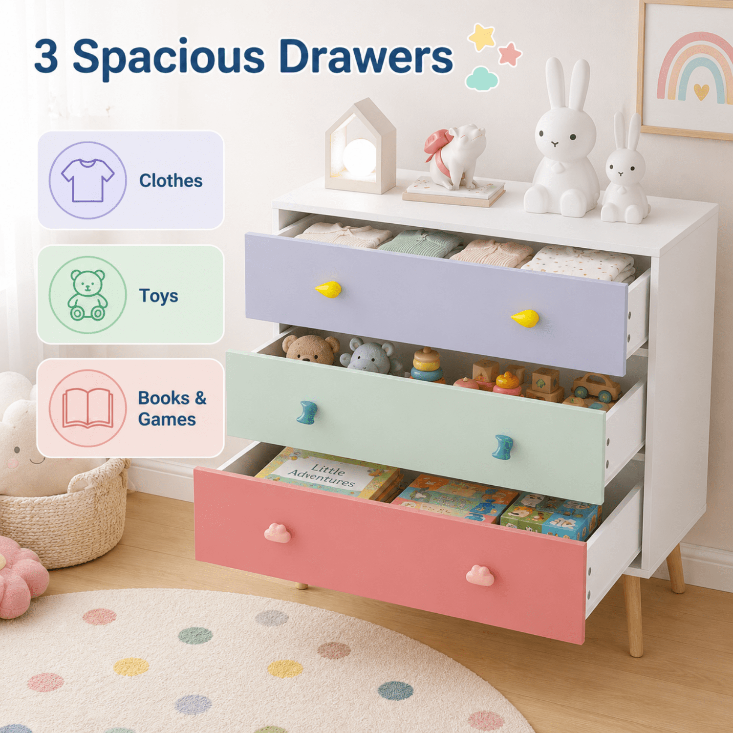 Miniyam Drawer Dresser with Glides & Safety Design for Kids, Colorful