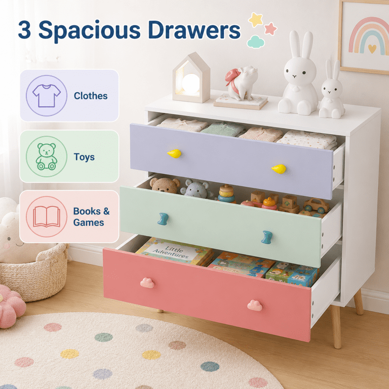 Miniyam Drawer Dresser with Glides & Safety Design for Kids, Colorful, Size: 31.5 inch x 11.81 inch x 28.94 inch