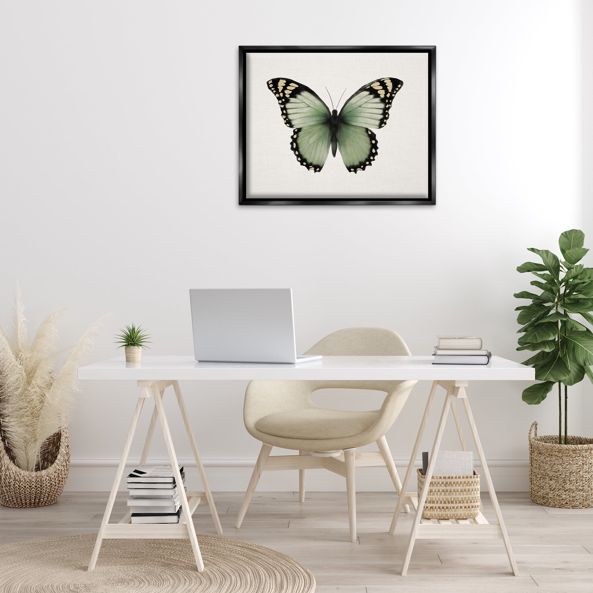 Stupell Industries Green Symmetrical Butterfly Animals Painting Black Floater Framed Canvas Art Print Wall Art, 31 x 25