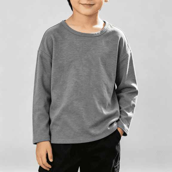 NEBWOAK Boys Girls Long Sleeve T-Shirt 100% Cotton Gray Crewneck Loose Fit Basic Tee,Size 3 T