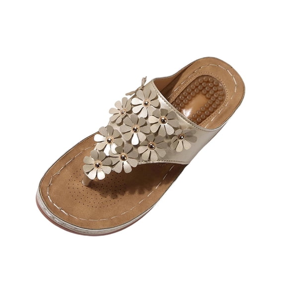 Gold Ladies Slippers Wedge Heel Open Toe Flower Detail Thick Bottom Casual Breathable Lightweight Soft Sole Slip On Indoor Outdoor