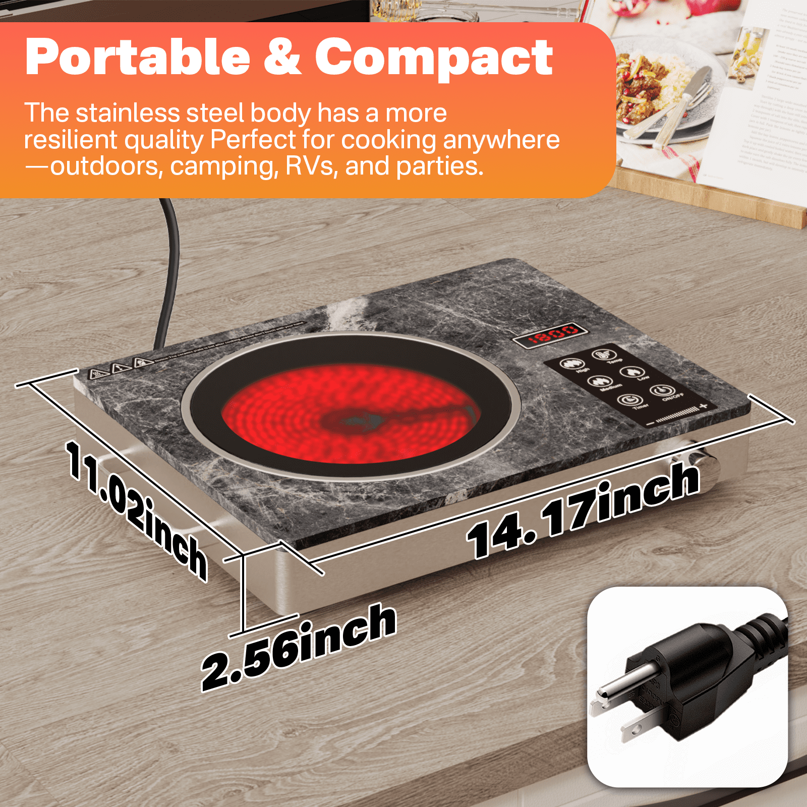 Graceall Portable Hot Plate 1800 Watt, Single Burner Electric Stove 7.87in Infrared Ceramic Cooktop, Cocinas Electricas de Mesa Countertop 1 Eye Burner Stove Electric for Home, Dorm, RV, and Camping
