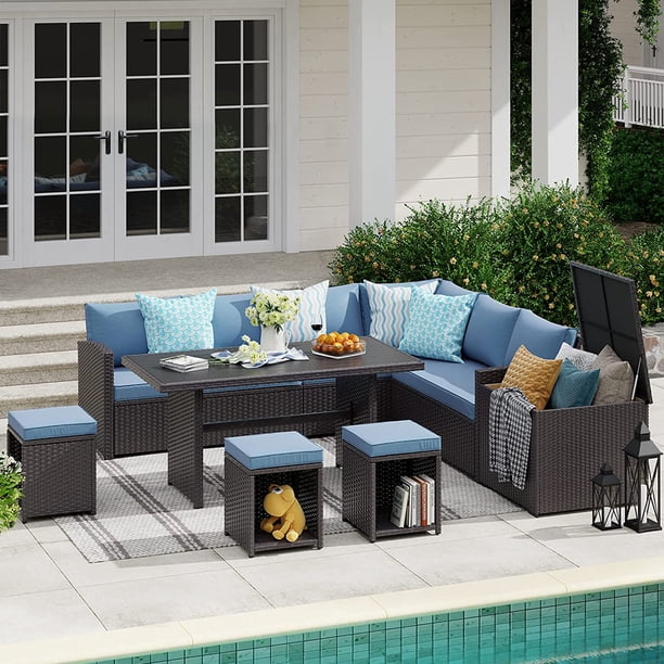 Patio Furniture Set, Outdoor 8 Pieces Dining Sectional Sofa Set with ...