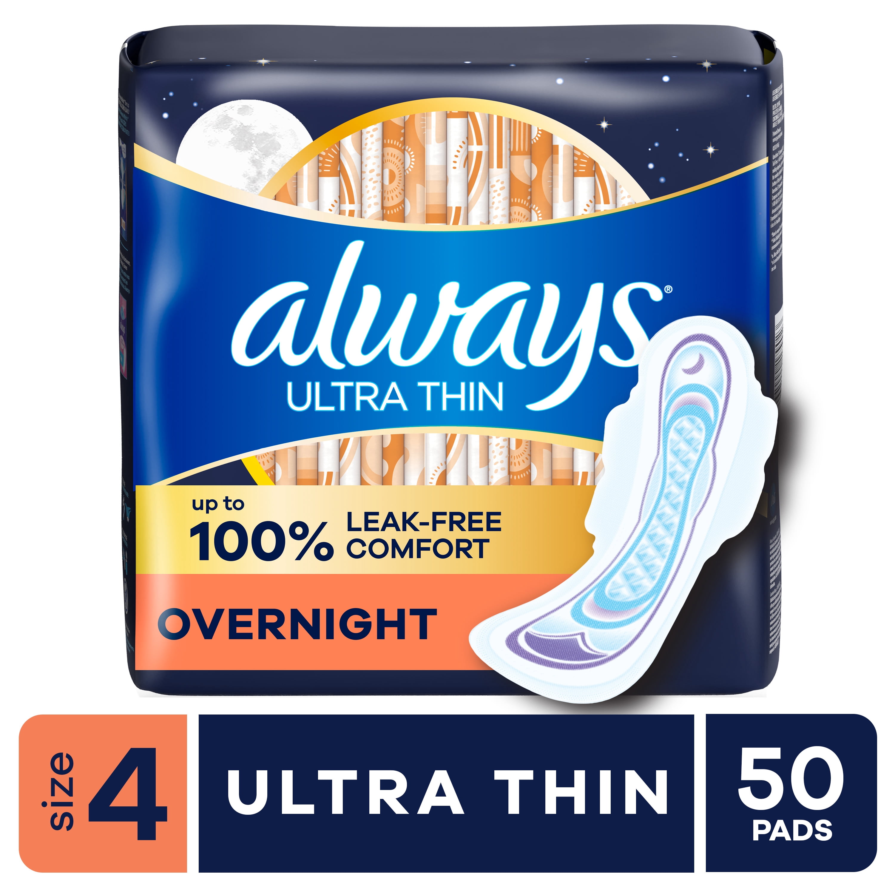 (3 pack) Always Ultra Thin Overnight Pads with Wings, Size 4, Overnight, 50 Count