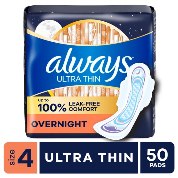Always Ultra Thin Overnight Pads with Wings, Size 4, Overnight, 50 Count