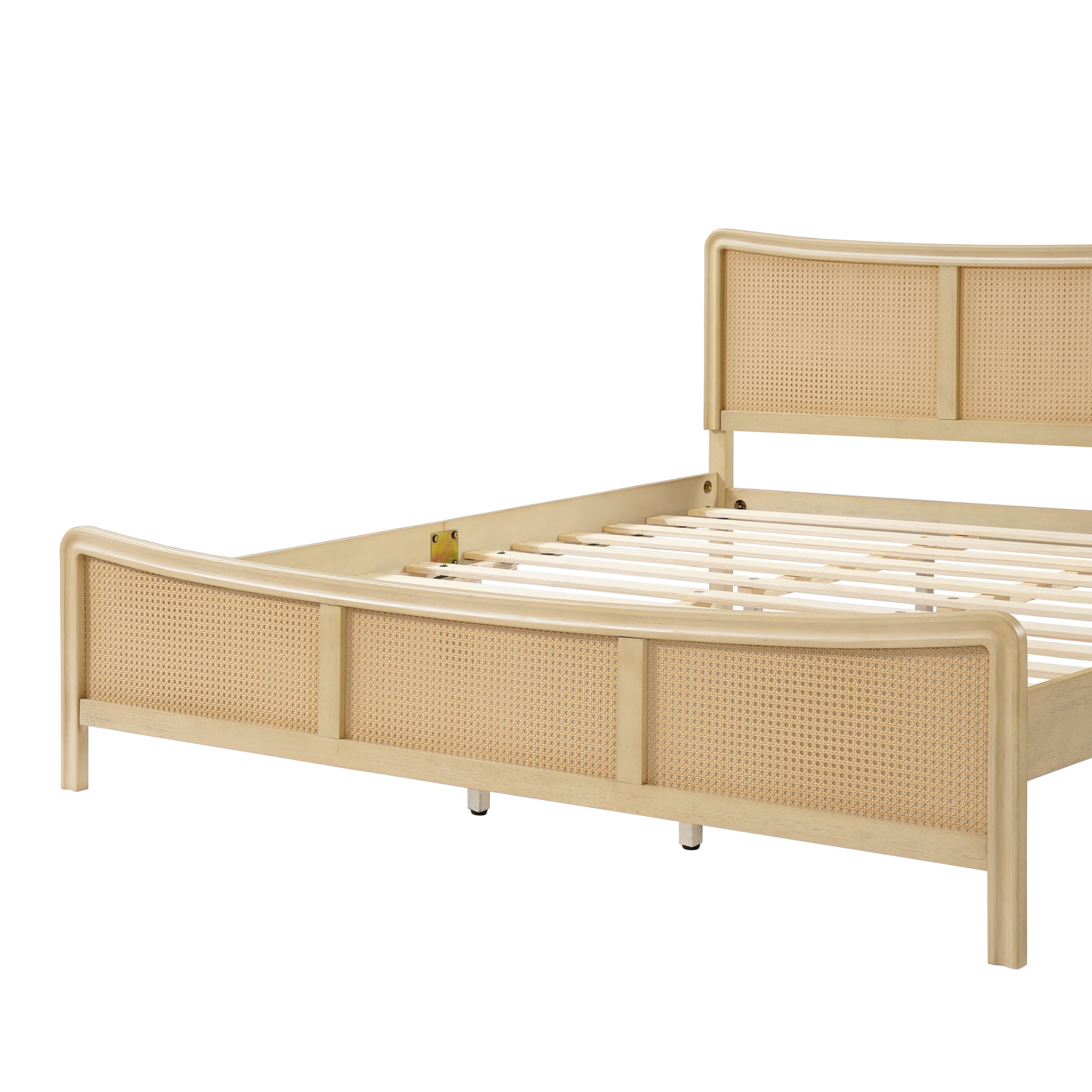 Christopher Knight Home Rattan King Bed Frame with Adjustable Headboard, Solid Wood Frame, Antique White