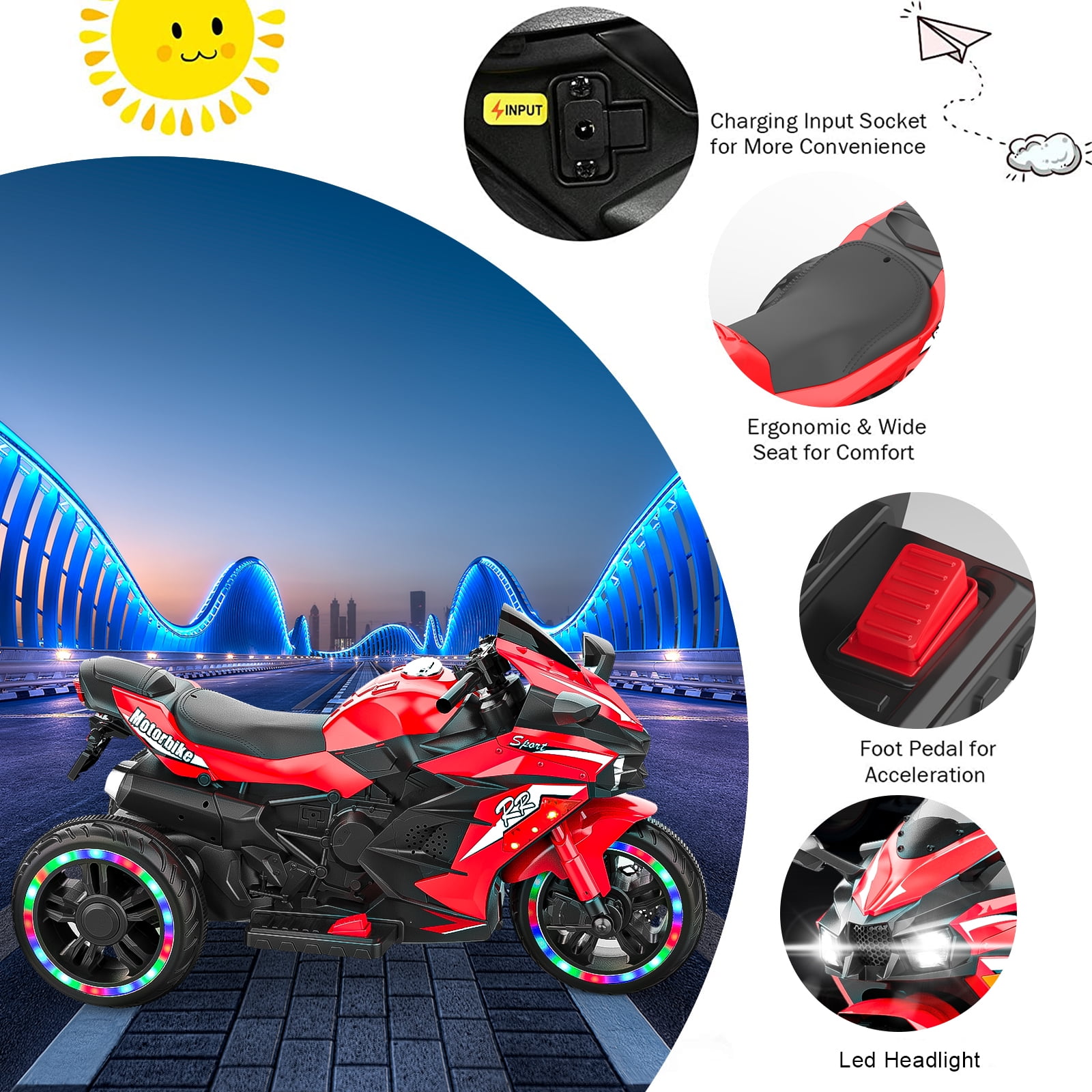 Kids Ride on Motorcycles ,12V Electric 3 Wheels Motorcycle with Music & Light for 3-6 Years