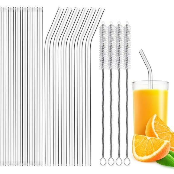Glass Straw - 12 Reusable Transparent Drinking Straws   4 Cleaning Brushes, Glass Straws for Smoothie, Milkshake, Fruit Juice, Cocktail, Hot Drink, LFGB Certification and BPA Free