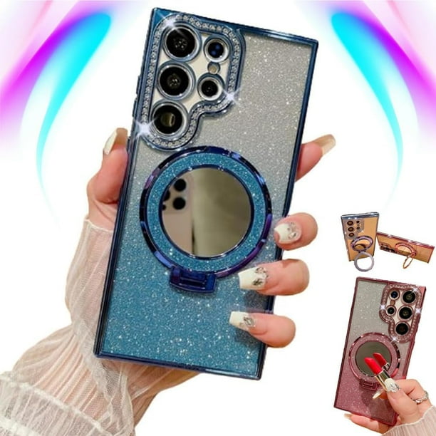 Transmitg para Samsung Glitter Rhinestones Funda magnética con soporte invisible y espejo cosmético, galvanizado 4 esquinas Airbag Anti-caída gradiente cubierta protector de lente de cámara (azul, par