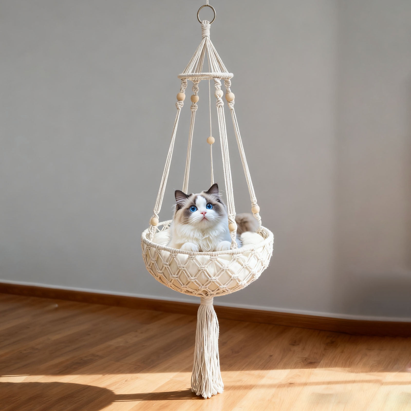 Boho Cat Hammock Wall Mounted - Macrame Hanging Cat Bed with Cushion, Window Perch Pet Swing for Indoor Cats, Handwoven Cat Nest for Sleeping, Playing, and Climbing