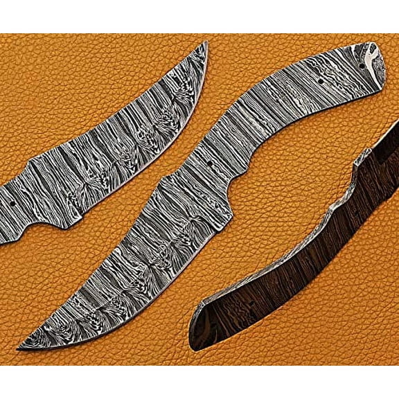 9.25 inches Long Trailing Point Blank Blade Skinning Knife, Hand Forged Ladder Pattern Damascus Steel Blade, 4.5" Scale with 3 Pin Hole, 4.25" Trailing Point Blade with 4" Cutting Edge