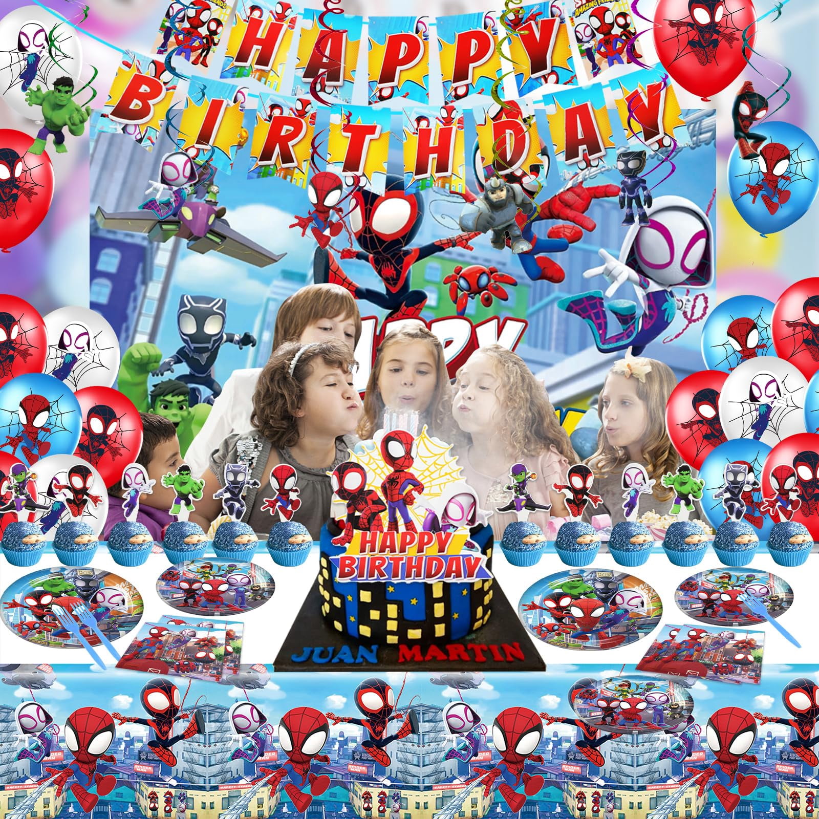 119 hero birthday party decorations, banners, background posters, card inserts, banners, balloons, tablecloths, plates, napkins, forks, cake hats, birthday party decorations