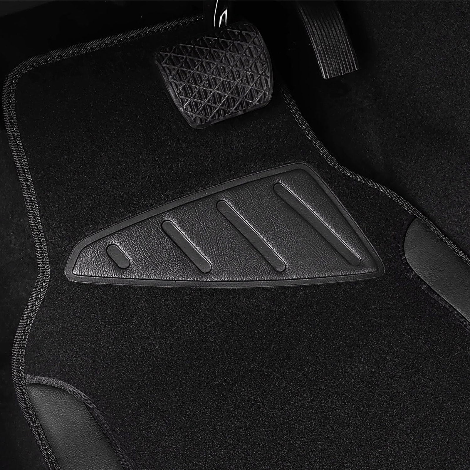 CAR GRAND Faux Leather Car Steering Wheel Cover Combo Pack Car Floor Mats, Universal Fit Waterproof Anti-slip Carpet 14.5-15 Inches Black & Black