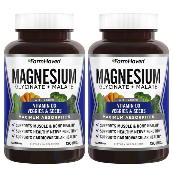 FarmHaven Magnesium Glycinate & Malate Complex w/ Vitamin D3, 100% Chelated for Max Absorption, Vegan - Bone Health, Nerves, Muscles, 240 Capsules, 120 Days