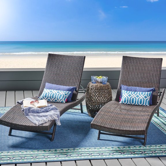 Outdoor Pe Chaise Lounges - Iron Frame, 26.94" Wide, Brown Multi Color With And Frame Adjustable Back, 600lb Capacity,