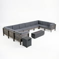 thumbnail image 2 of Leyla Outdoor 12 Piece Acacia Wood U-Shaped Sectional Sofa Set with Cushions and Iron Fire Pit, Gray, Dark Gray, Dark Gray, 2 of 12