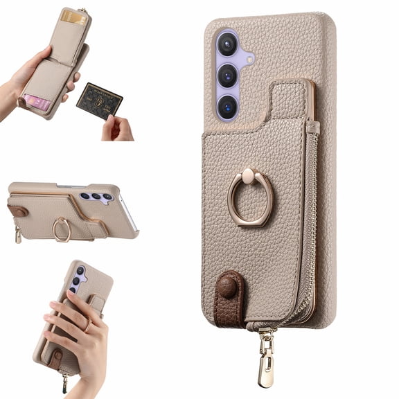Case for Samsung Galaxy S25 FE Zipper Wallet Case, PU Leather Case with Card Holder, Ring Holder Stand, RFID Blocking Magnetic Car Mount Shockproof Cover for Samsung Galaxy S25 FE - Khaki