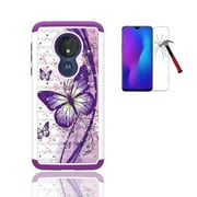 Phone Case for Straight Talk Moto g7 Optimo/ Motorola Moto G7 Play, Studded Rhinestone Crystal Bling Dual Layer Shockproof Cover Case (White Purple Butterfly + Tempered Glass)
