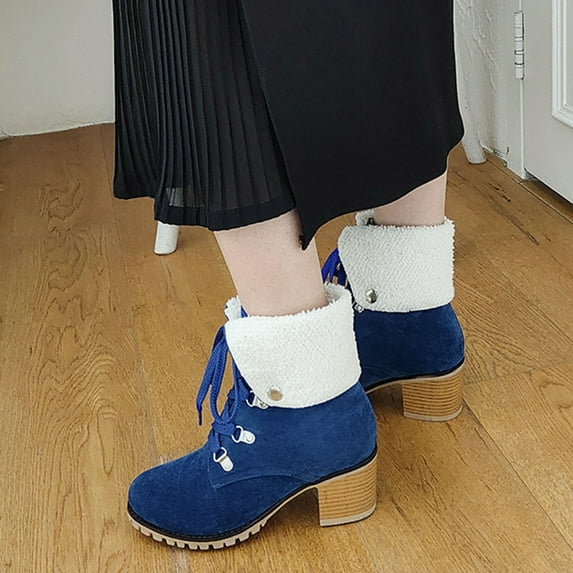 Fridja Women Shoes Solid Color Casual Square High Heels Wear- Lace-up Pointed Warm Thick Fleece Suede Snow Ankle Boots