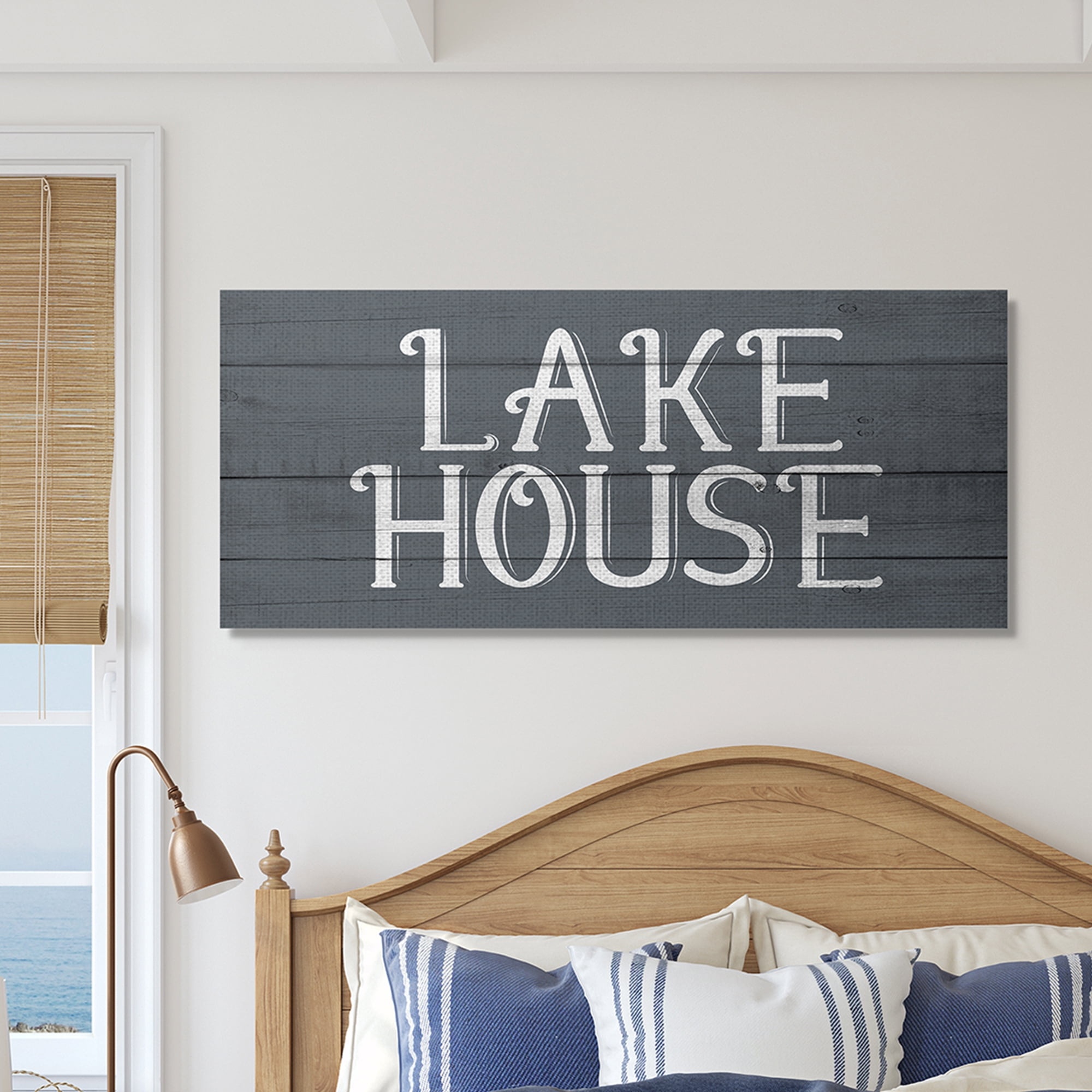 Stupell Industries Lake House Sign Blue White Planked Look Nature Painting Gallery Wrapped Canvas Art Print Wall Art, 17 x 40