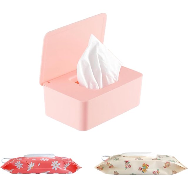 Wipes Dispenser with 2Pcs Portable Refillable Wipe Holder,Reusable Large Wipe Holder Box Flushable Wipes Case Bathroom Wipes Container for Pet Nursery Kitchen Office Counter(Pink)