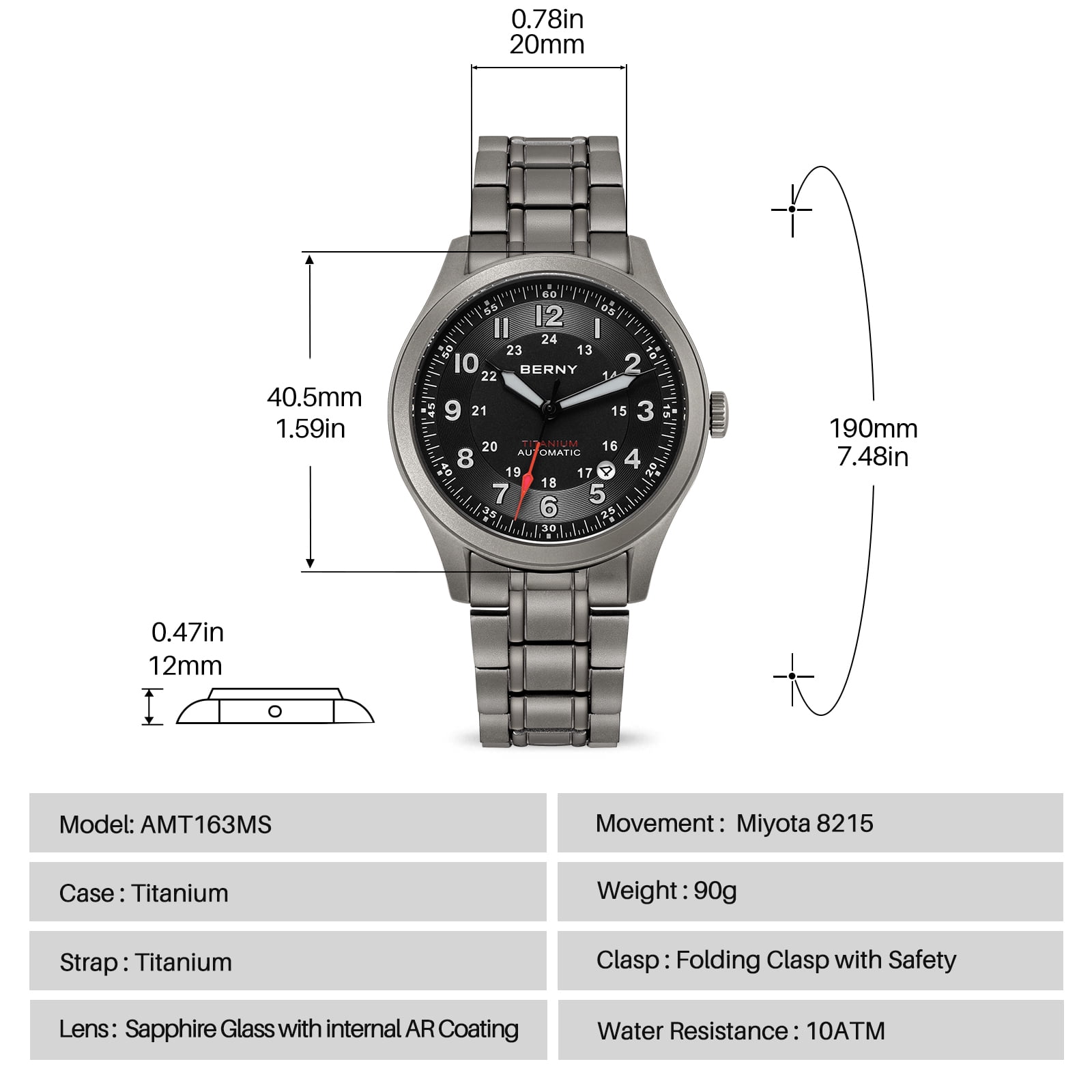 BERNY Automatic Watches for Men Military Sport Titanium Field Watch with Date Sapphire Crystal Luminous Fashion Analog Mechanical Watch 100M Waterproof Army Tactical Casual Wristwatch (Black)