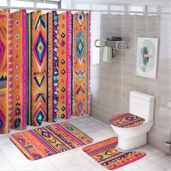 Colorful Mexican Bohemian Designs Shower Curtain Sets with Rugs 4 Piece Bath Mat U-Shaped Floor Mat Toilet Lid Oval Rug Boho Ethnic Durable And Waterproof for Bathroom Decor