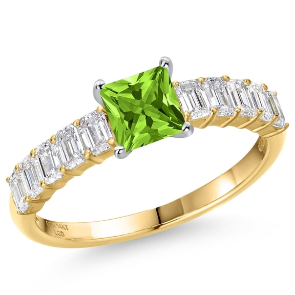 Gem Stone King 14K Two Tone Gold Green Peridot and Lab Grown Diamond Engagement Ring for Women | 1.63 Cttw | Princess 5MM | Gemstone August Birthstone | Size 9