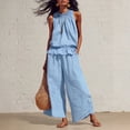 thumbnail image 3 of Linen Sets for Women 2 piece Sleeveless Ruffle Top Wide Leg Pants Matching Set Summer Beach Vacation Outfits,Sky Blue,XL, 3 of 7