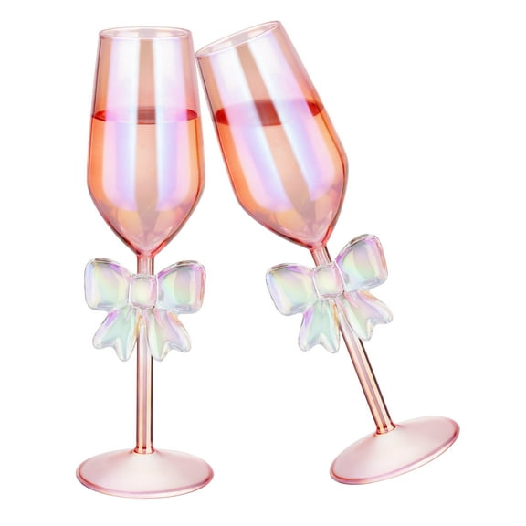 NiHome 2-Pack Pink Iridescent Champagne Flutes with Bow Base for Women, 10.5oz Handcrafted High Borosilicate Glasses, Elegant Rainbow Glassware for Wedding Party Celebration, Unique Tall Drink Cups