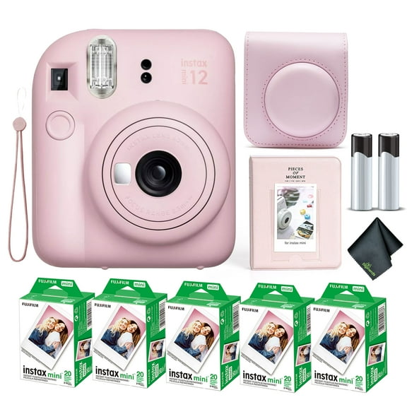 Fujifilm Instax Mini 12 Instant Camera Blossom Pink Bundle with Fuji Instax Mini Film Value Pack (100 Sheets)   Protective Carrying Case   Photo Album   Microfiber Cleaning Cloth