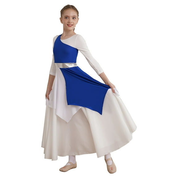 YEAHDOR Kids Girls One Shoulder Liturgical Worship Costume Dancewear Sleeveless Praise Lyrical Dance Dress A Blue 16