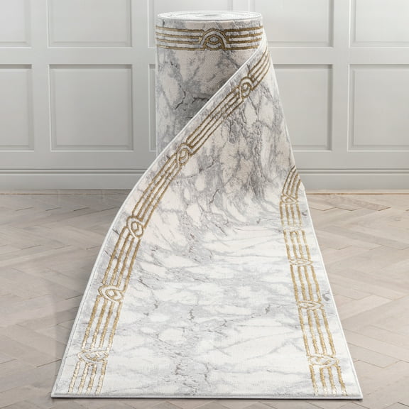 Well Woven Custom Size Indoor/Outdoor Runner - Choose Your Length - Lezlee Ivory Retro Border Marble Pattern 31 Inches Wide x 45 Feet Long Runner (31" x 45' Runner) Rug